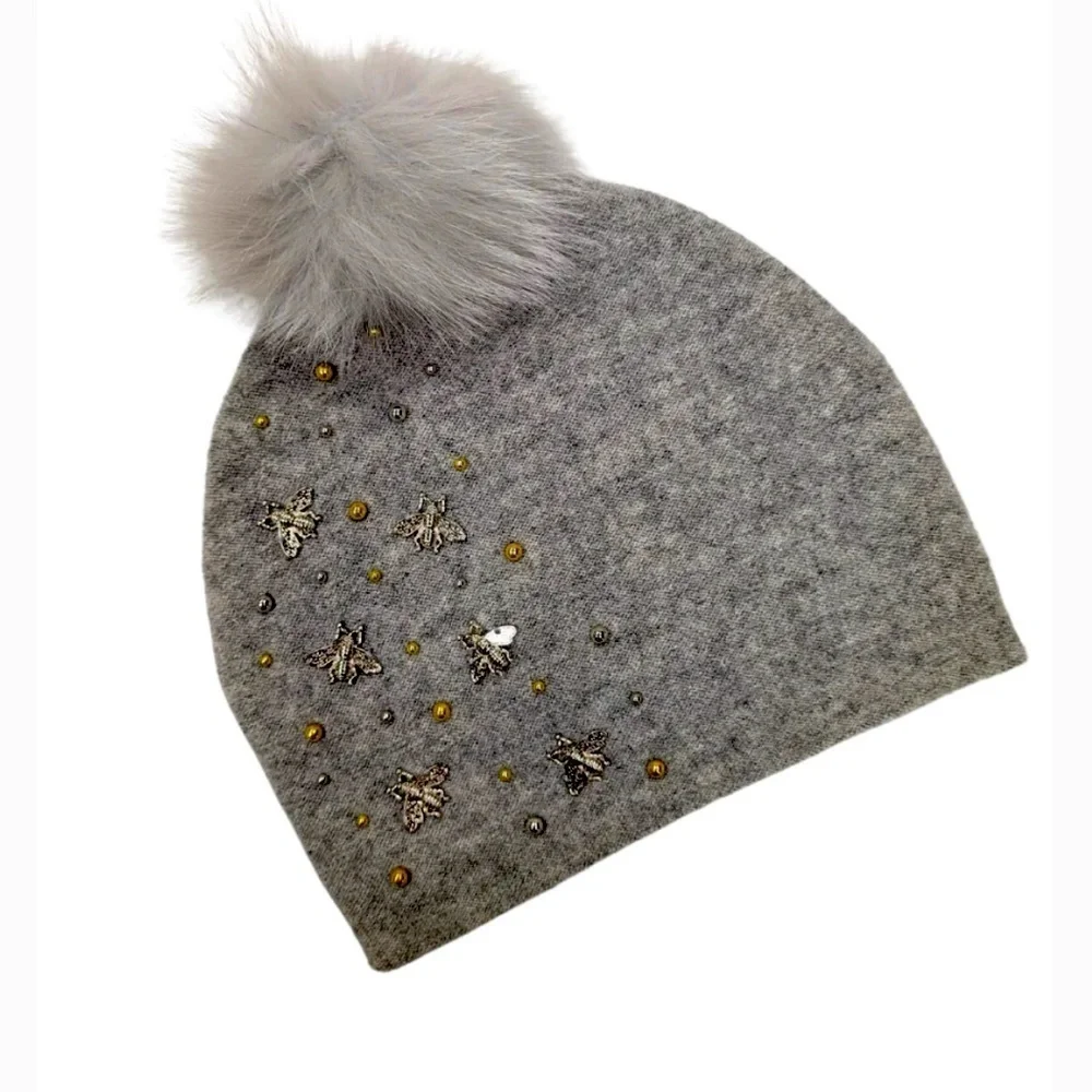 Fox Pom Pom Knit Hat w/Bees & Beads NEW